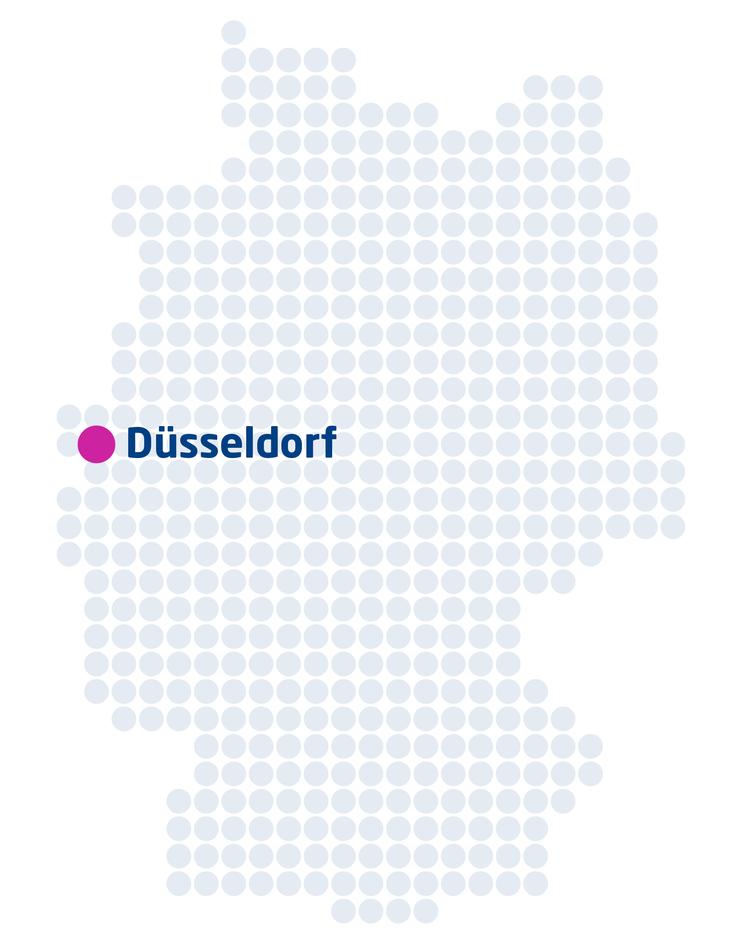 Karte Deutschlands mit einer rosa Markierung und dem Schriftzug „Düsseldorf“ in Blau. Punkte stellen die Städte dar.
