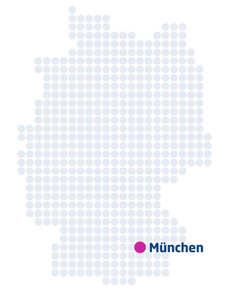 Kreisförmige Punkte bilden eine abstrahierte Karte Deutschlands, mit einem hervorgehobenen Punkt für München.