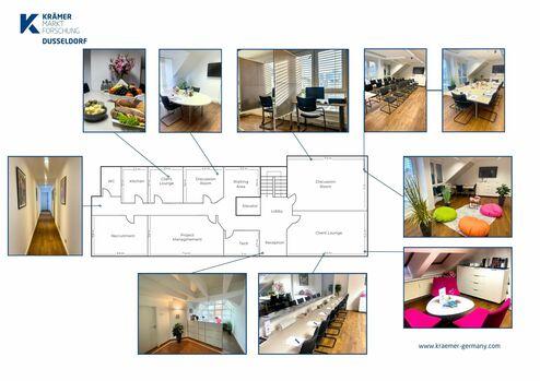 Raumübersicht mit Fotos und Grundriss von Büros, Sitzungsräumen und Lounges in Düsseldorf.