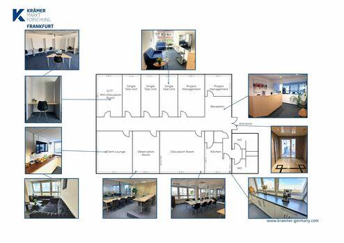 Grundriss eines Büros mit verschiedenen Räumen, einschließlich Besprechungsräume, Lounge und Empfang, umgeben von Fotografie.