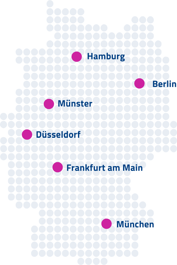 Deutschlandkarte mit punktförmiger Darstellung von Städten, hervorgehoben durch lila Marker, beschriftet mit Städtenamen.