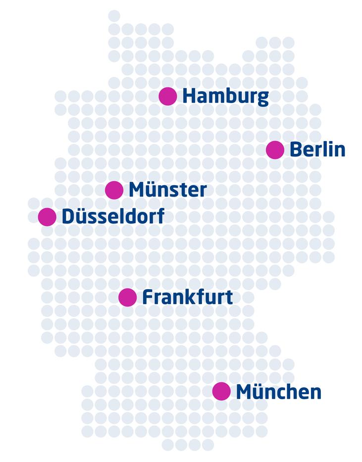 Karte von Deutschland mit markierten Städten: Hamburg, Berlin, München, Frankfurt, Düsseldorf und Münster.